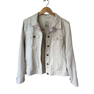 Vintage L.L Bean 100% Cotton Beige/Cream Denim Jacket With Floral Trim